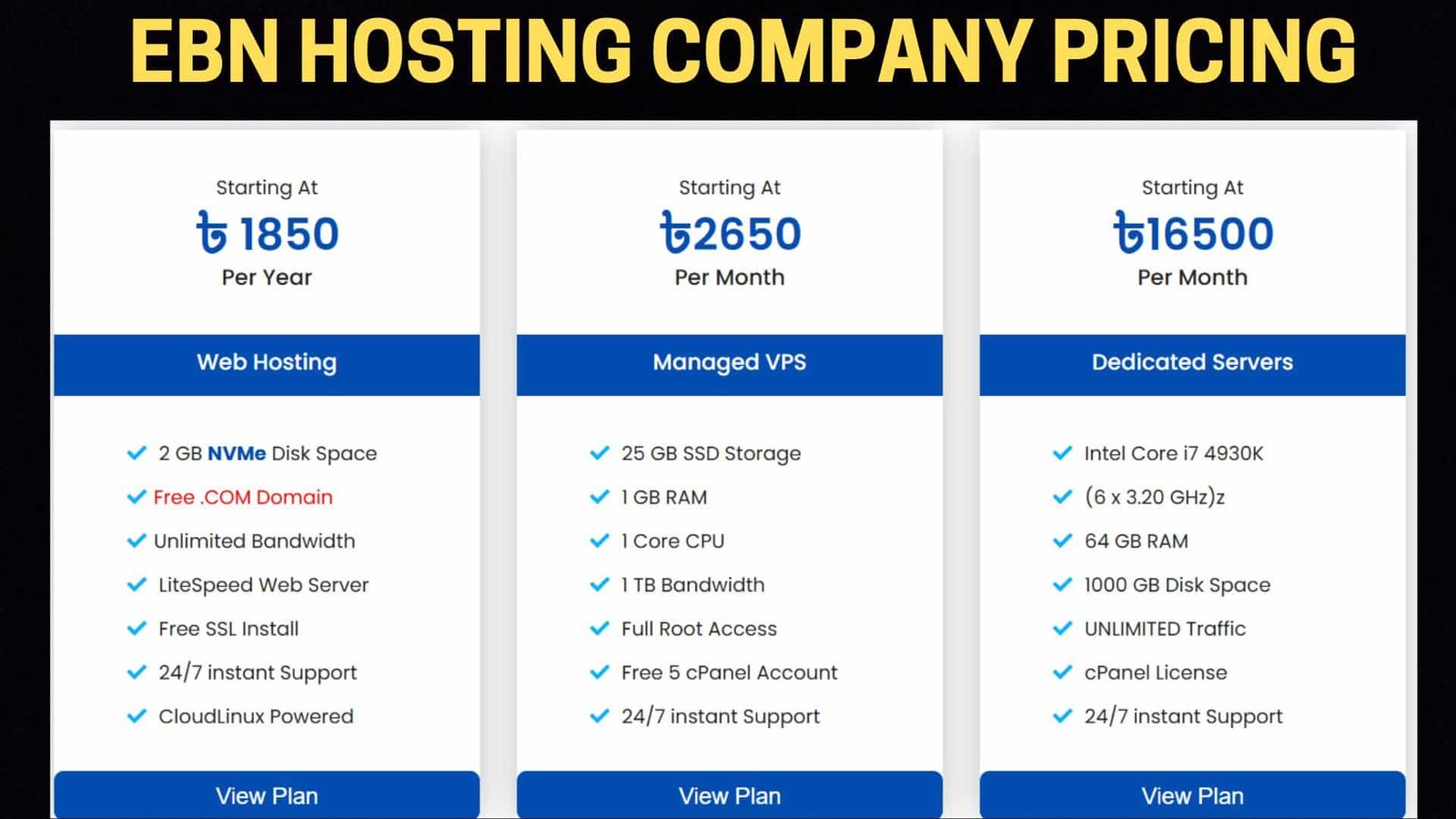 EBN HOSTING COMPANY 3 DIFFERENT TYPES OF PRICING LIST