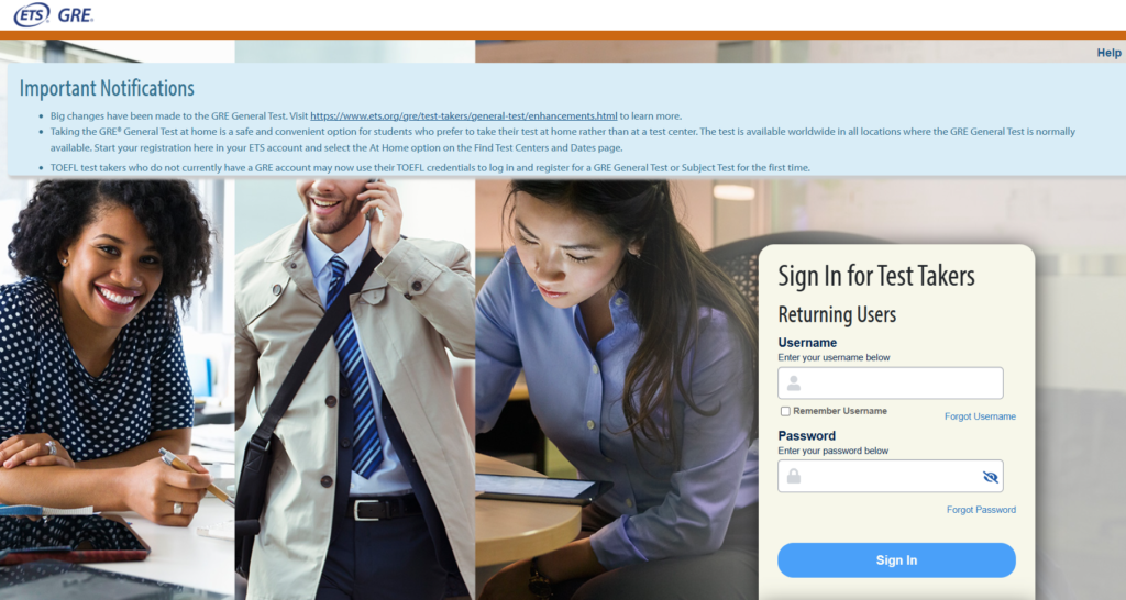 GRE login page