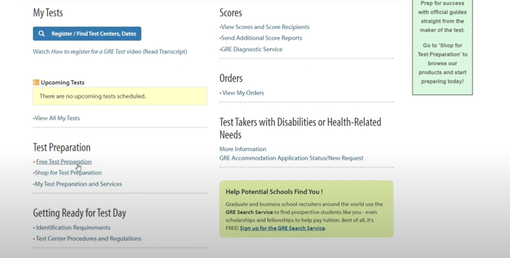 Image of gre test preparation section after logging to ets websitr