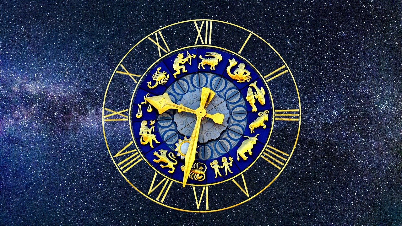 All Zodiac Signs are in a clock where clock second, Minutes and hours needle noticeable