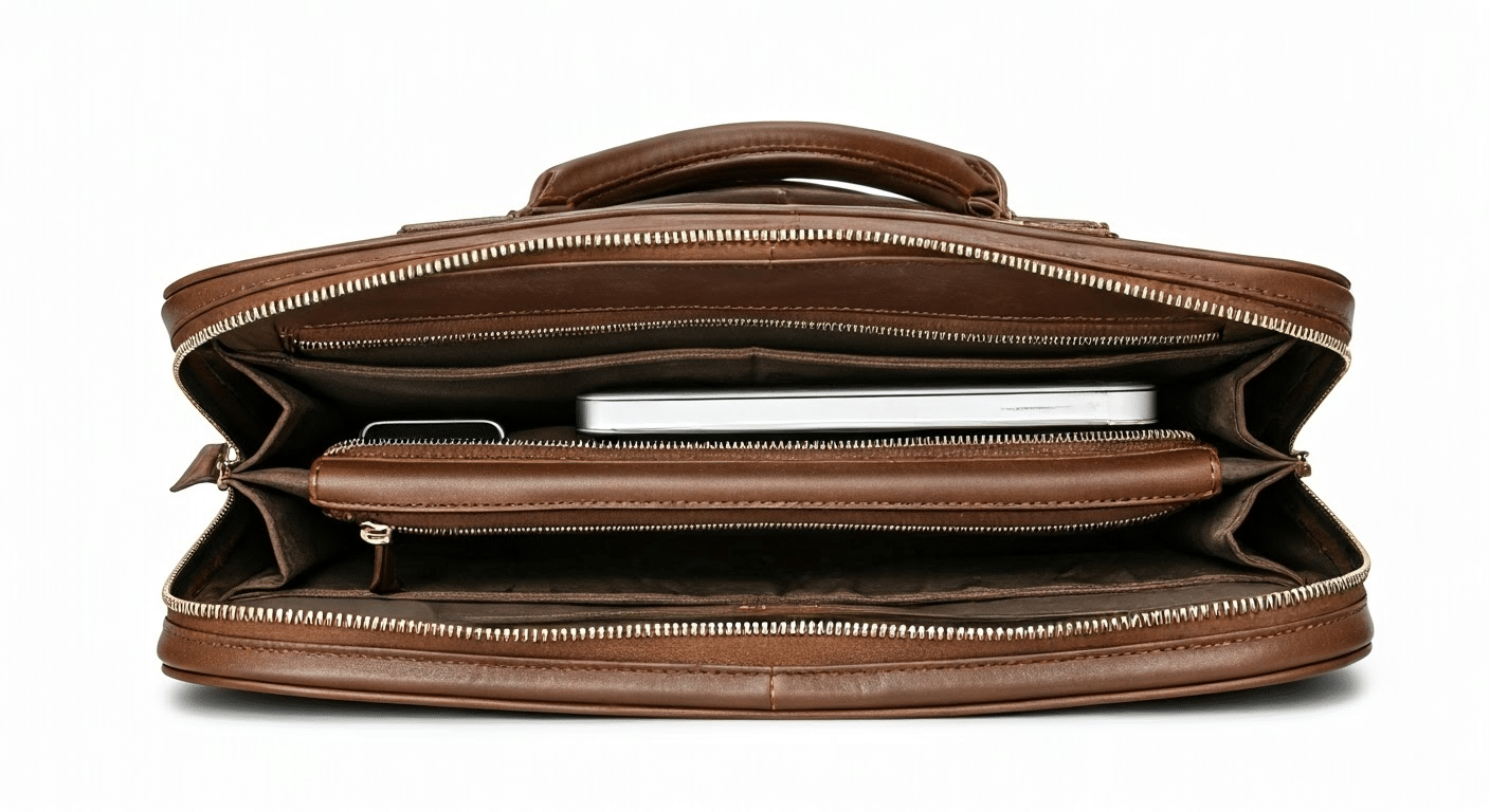 Interior compartments of a leather laptop bag with phone on the bag