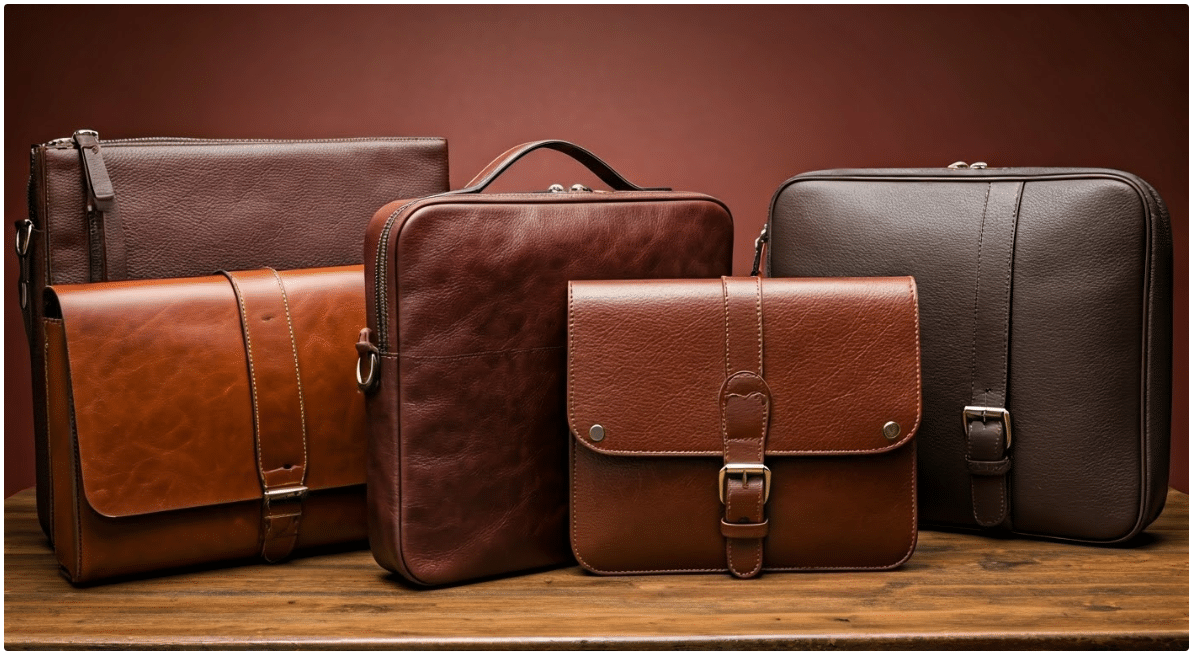 5 different colors leather laptop bags on desk