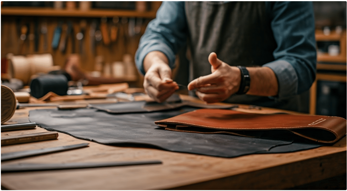 Artisans crafting leather laptop bags on desk