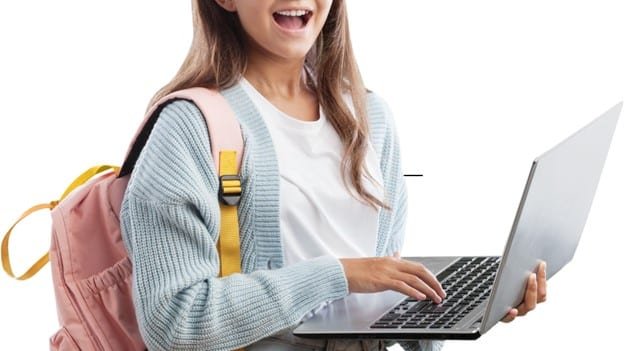 a woman is using laptop and a red backpack in her shoulder