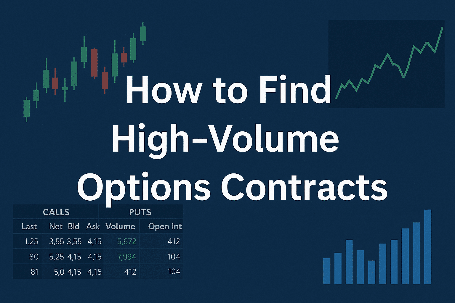 Digital graphic featuring the title "How to Find High-Volume Options Contracts" in bold white text on a dark blue background, surrounded by stock charts, candlestick patterns, and an options volume table.